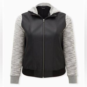 Torrid Black Faux Leather & Marled Grey Terry Bomber Jacket